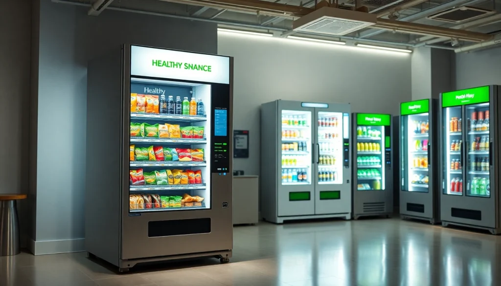 Modern vending machine from snack machine manufacturers showcasing healthy snacks and advanced features.