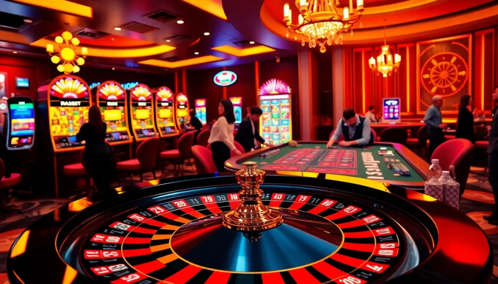 Engage in thrilling gameplay at 555win com, featuring a vibrant casino scene with a roulette wheel and excited players.