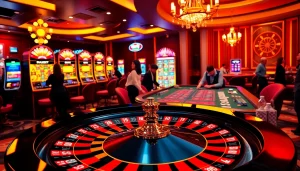 Engage in thrilling gameplay at 555win com, featuring a vibrant casino scene with a roulette wheel and excited players.