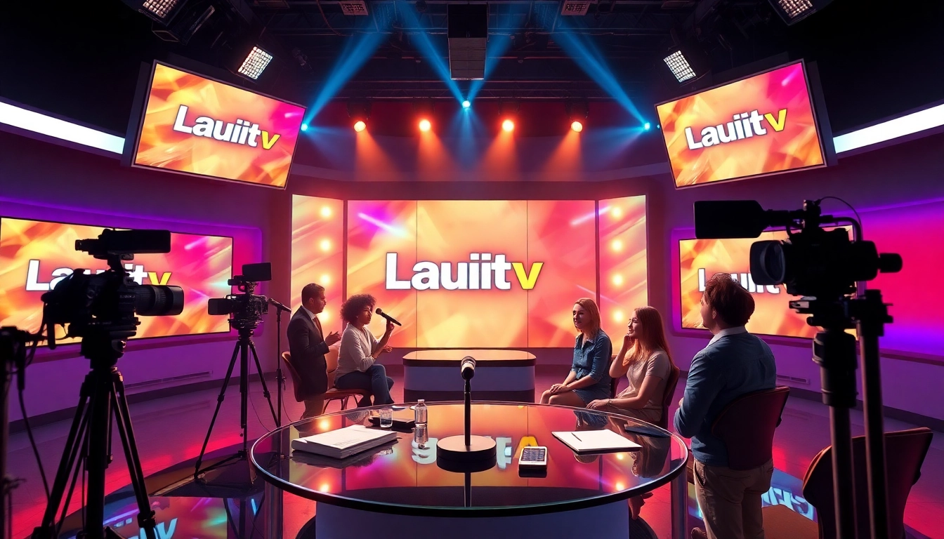 Lauthaitv modern broadcasting studio filled with vibrant screens and presenters.