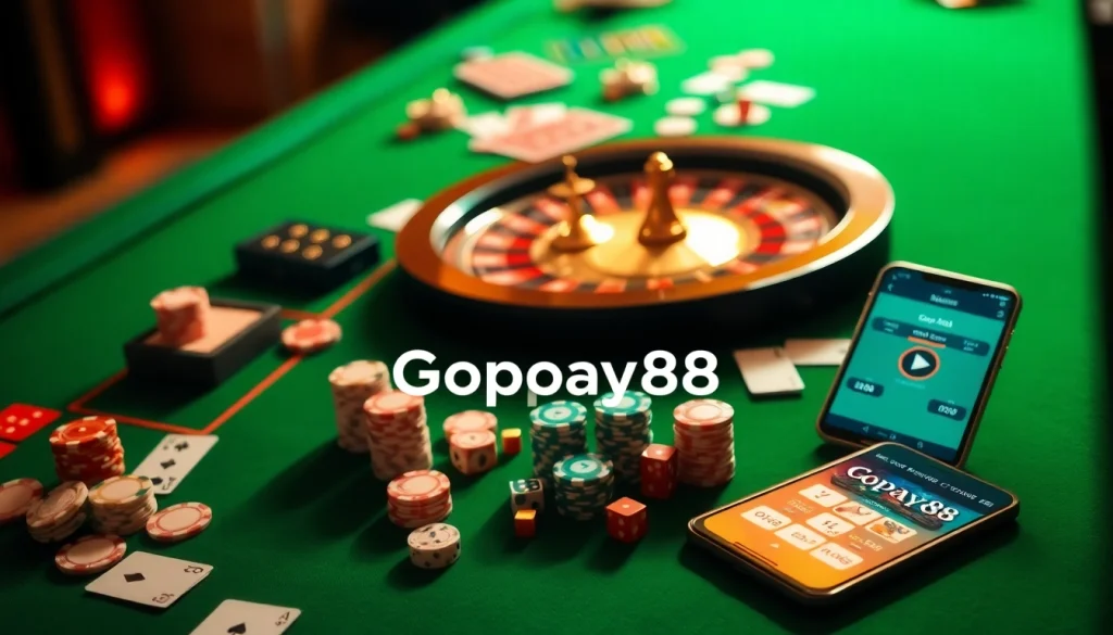 Gamblers enjoying a thrilling poker game at Gopay88 casino, featuring vibrant chips and cards.