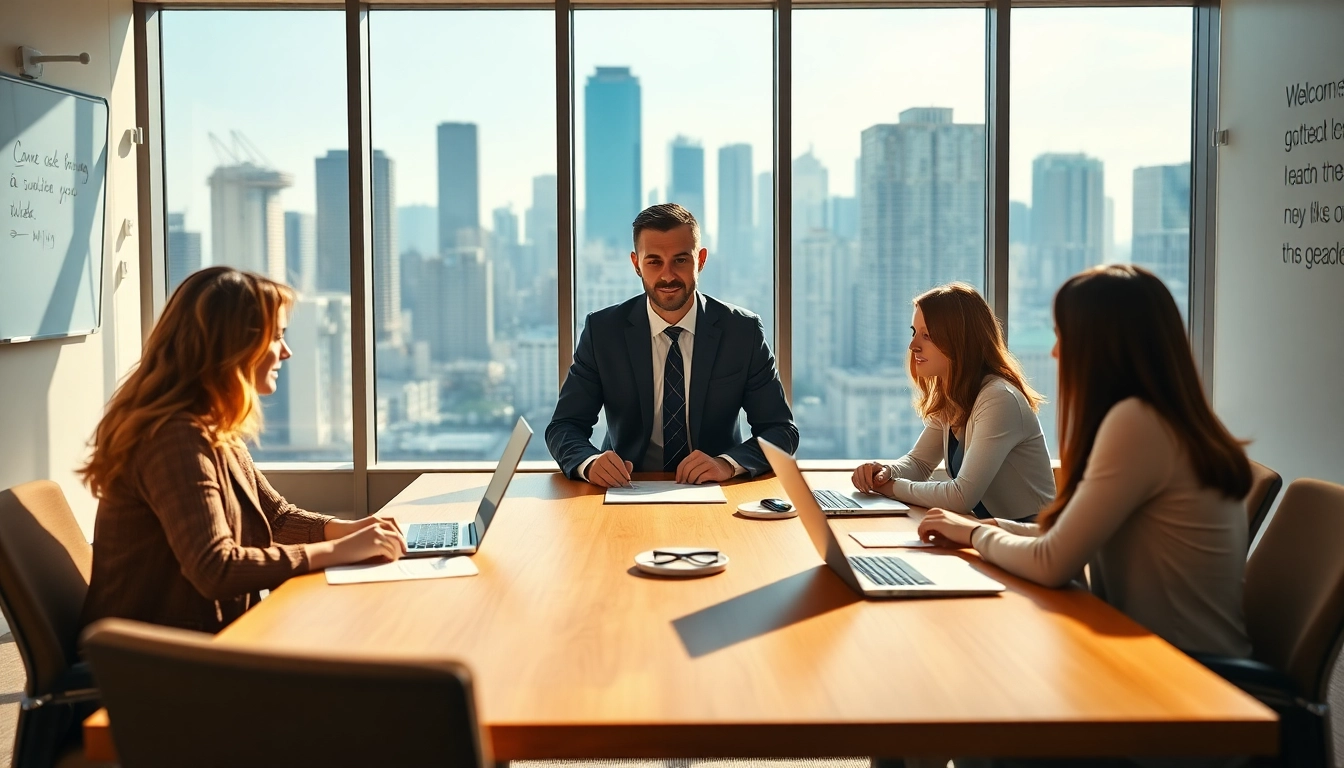 Business coach Los Angeles engaging with clients in an inspiring office setting.