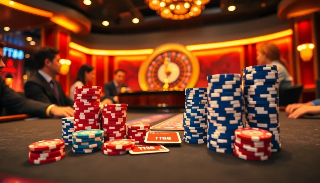 Captivating poker table scene featuring TT88 poker chips and vibrant playing cards in a luxurious casino.