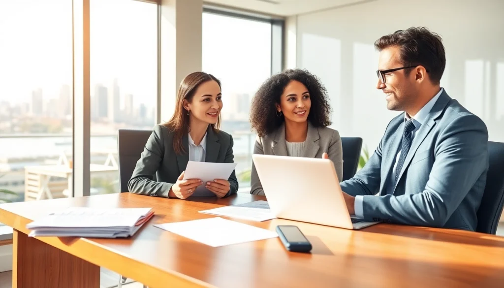 Immigration lawyer Sydney consulting a diverse couple in a modern office.
