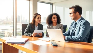 Immigration lawyer Sydney consulting a diverse couple in a modern office.