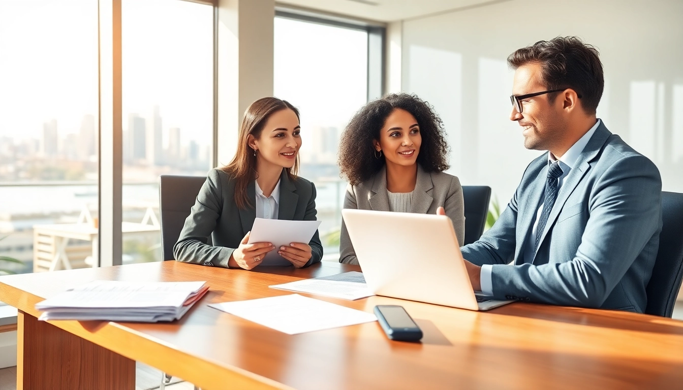 Immigration lawyer Sydney consulting a diverse couple in a modern office.