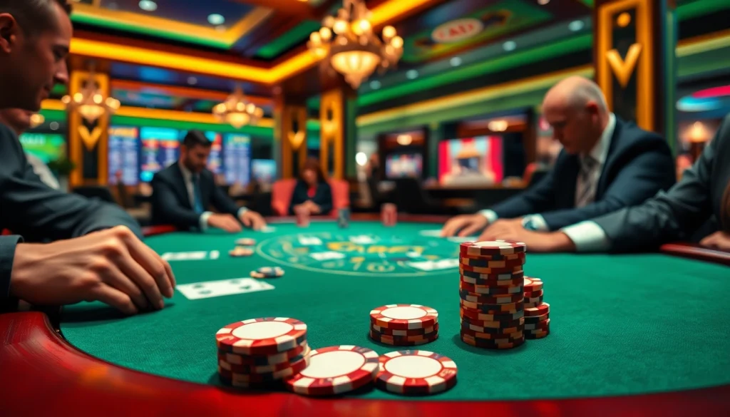 Players enjoy THABET poker at a luxury casino table, surrounded by vibrant decor and quality chips.