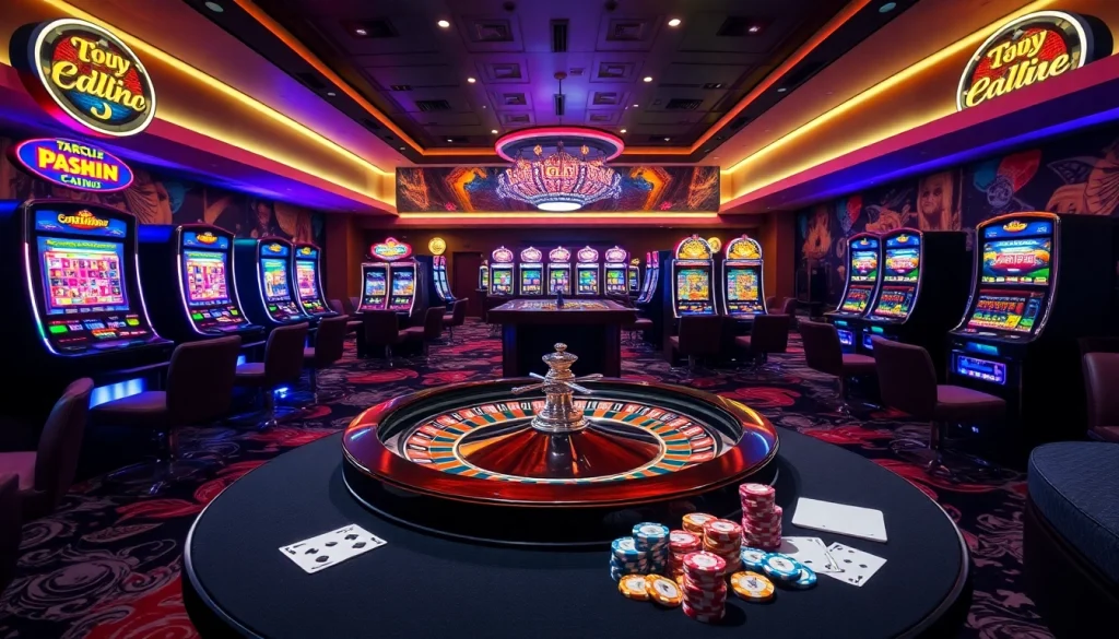 A thrilling casino scene with a roulette wheel, poker chips, and slot machines showcasing topclub excitement.