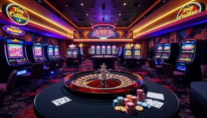 A thrilling casino scene with a roulette wheel, poker chips, and slot machines showcasing topclub excitement.