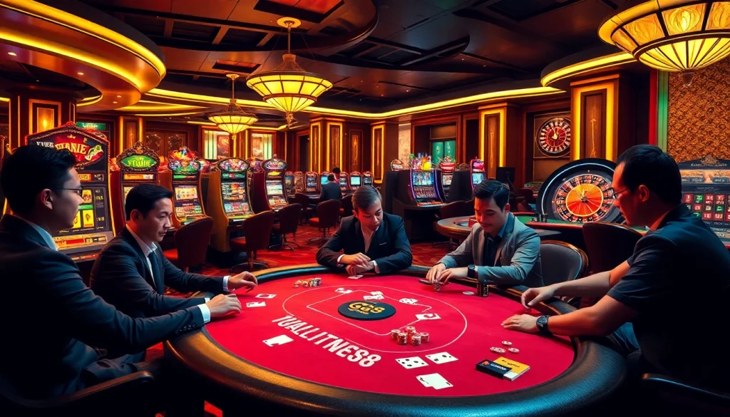 Players strategizing at a luxury poker table in GG 88 casino environment.
