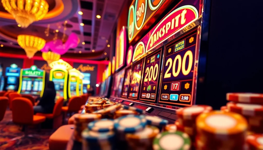 Pemain bersorak-sorai setelah menang di mesin slot bet 200, dikelilingi suasana kasino yang berwarna-warni.