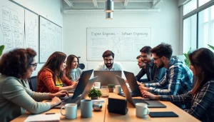 Software engineering team collaborating in a modern workspace with laptops and coding screens.