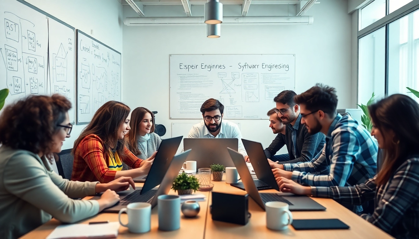Software engineering team collaborating in a modern workspace with laptops and coding screens.