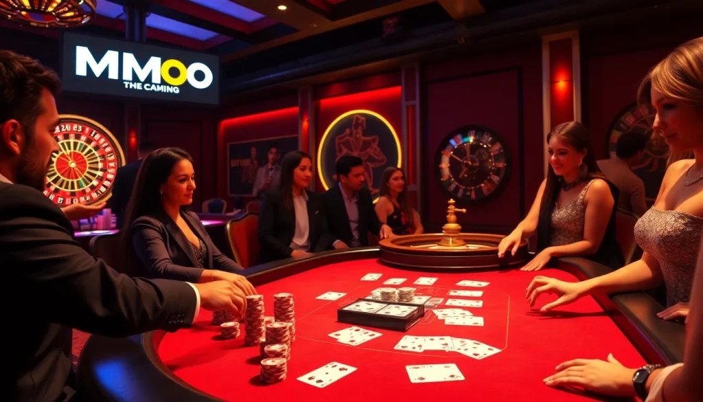 Experience the excitement of MMOO gaming at a luxurious casino poker table filled with vibrant chips and cards.