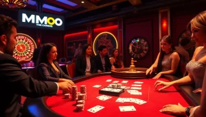 Experience the excitement of MMOO gaming at a luxurious casino poker table filled with vibrant chips and cards.