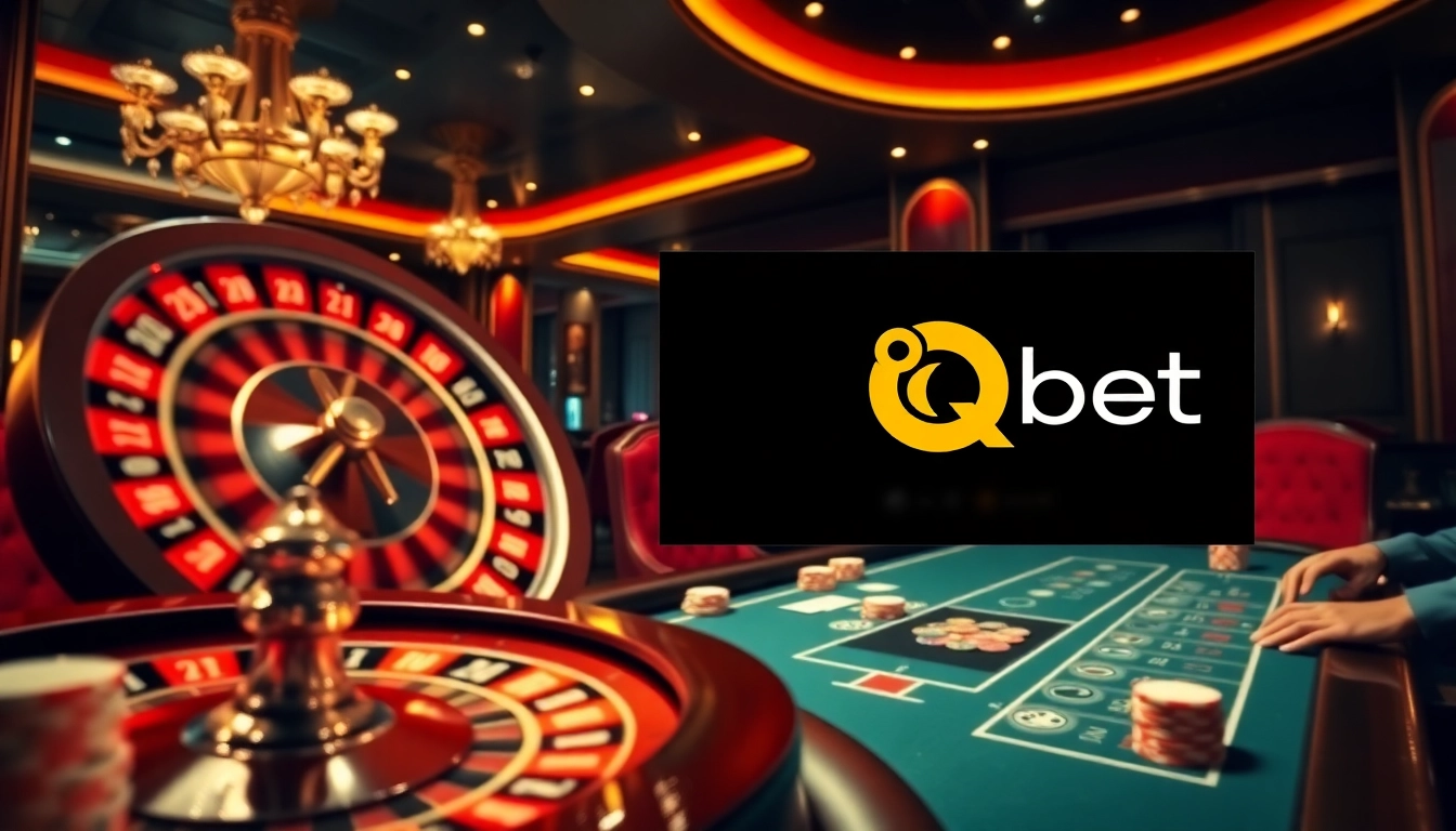 Engaging gamblers at 8qbet with a vibrant casino atmosphere featuring roulette and blackjack.