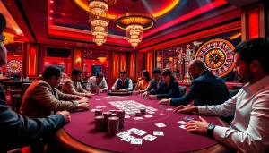 Betting at a dynamic poker table in a luxury casino featuring https://ev882.sa.com/.