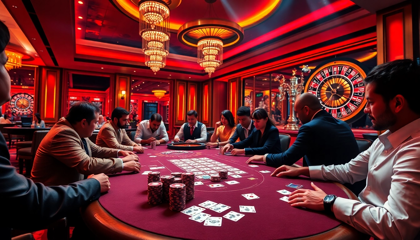 Betting at a dynamic poker table in a luxury casino featuring https://ev882.sa.com/.
