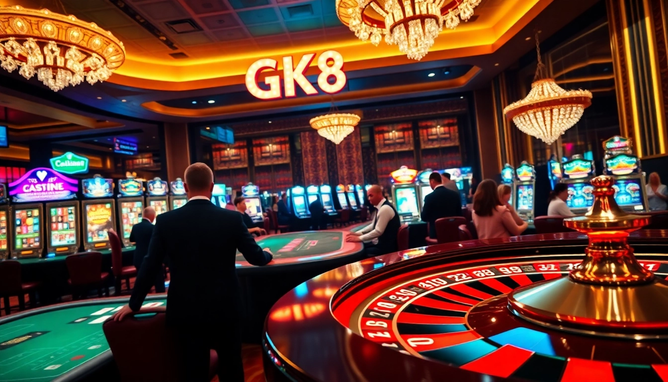 Experience the thrill of the casino gaming floor featuring GK88 poker chips, roulette, and slot machines.