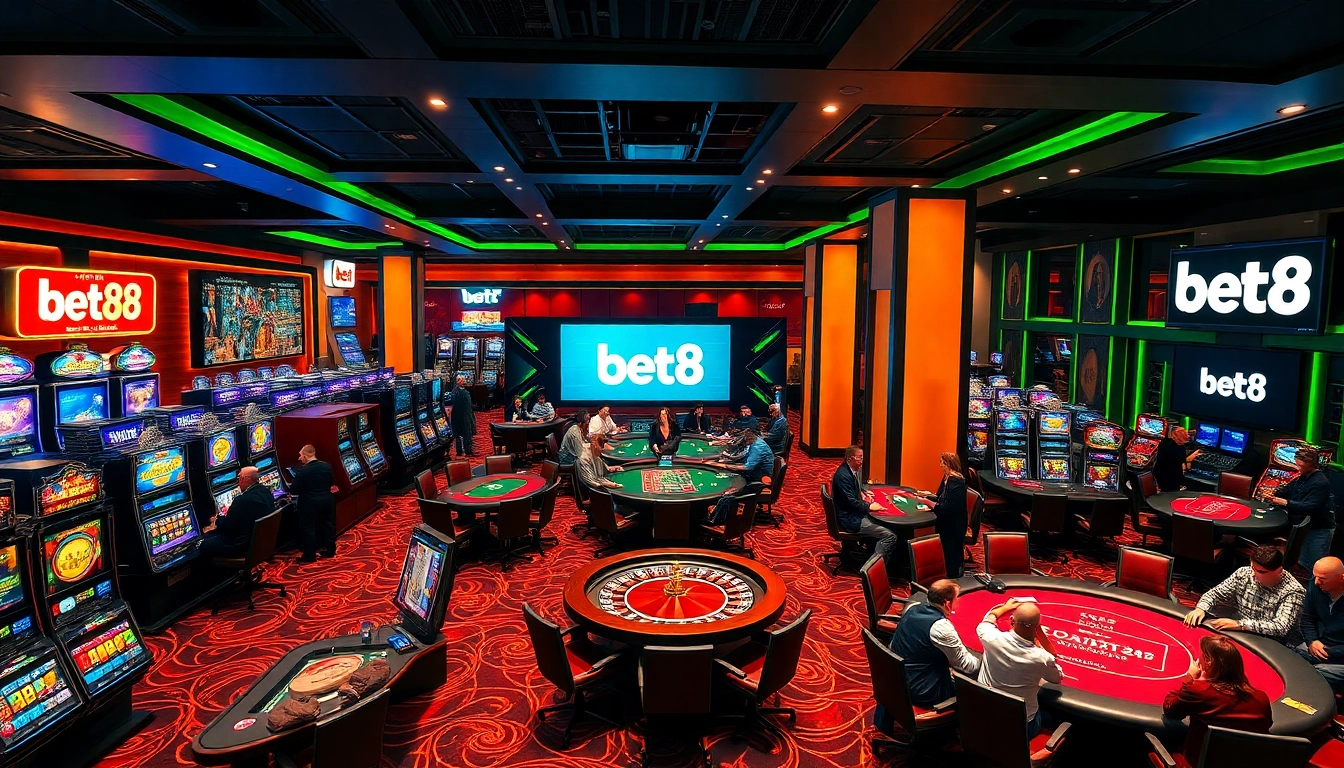 Bet88 players enjoying an engaging casino experience with vibrant slot machines.