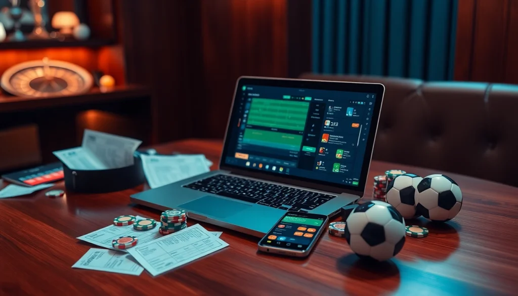 Engage with สมัครแทงบอล through an exciting online sports betting setup featuring vibrant slips and a sleek laptop.
