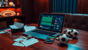 Engage with สมัครแทงบอล through an exciting online sports betting setup featuring vibrant slips and a sleek laptop.