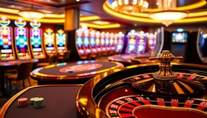 Engage with the vibrant gaming experience on trang chủ xx88, featuring casino tables and dynamic slot machines.