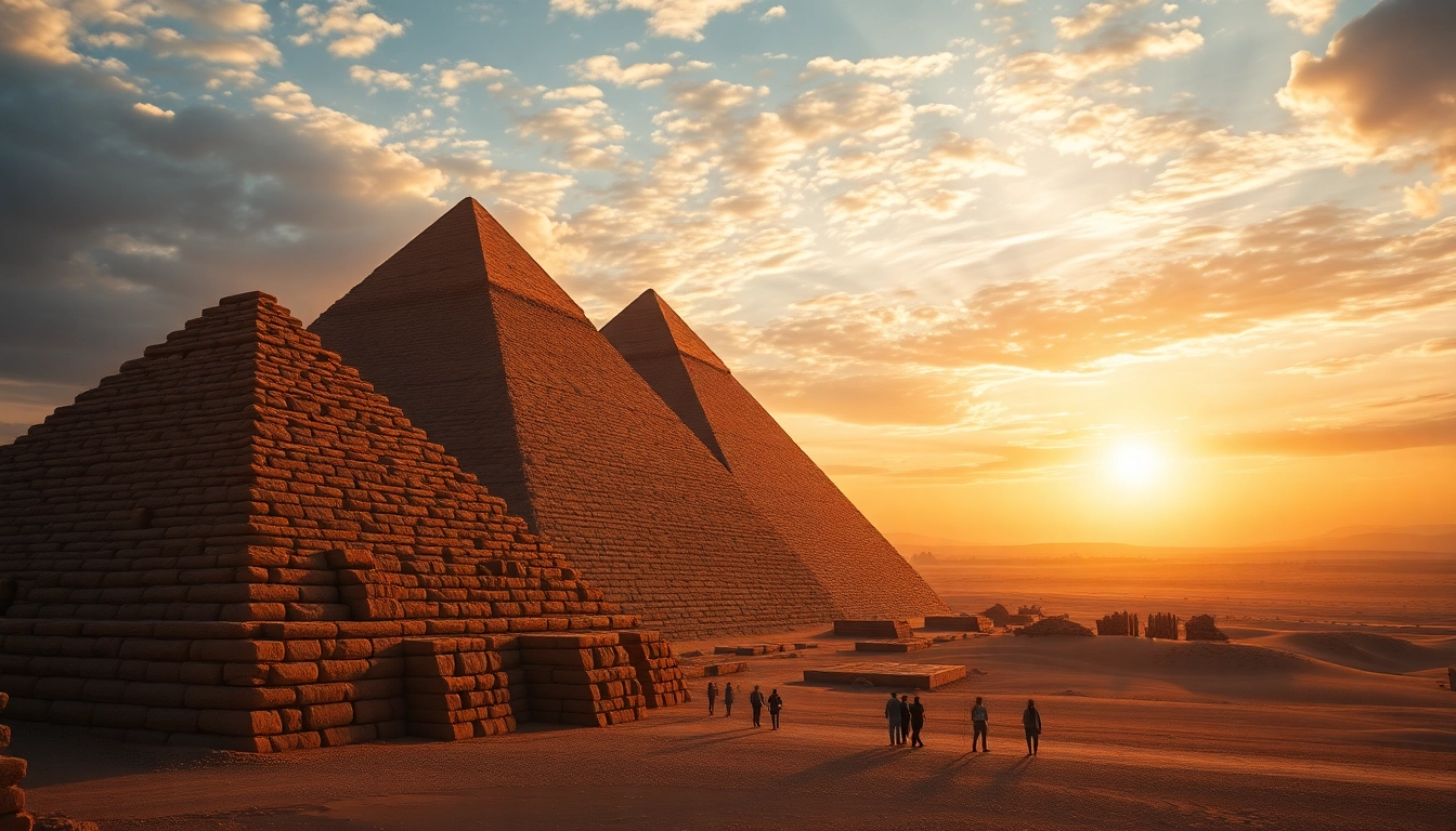 Piraminds beautifully illuminated at sunset with travelers exploring the ancient structures.