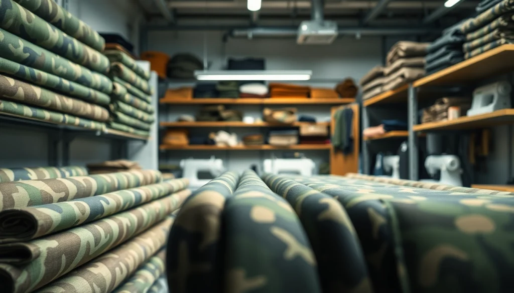 Verken verschillende camouflage stoffen in een kleurrijke textielwinkel, perfect voor creatieve projecten.