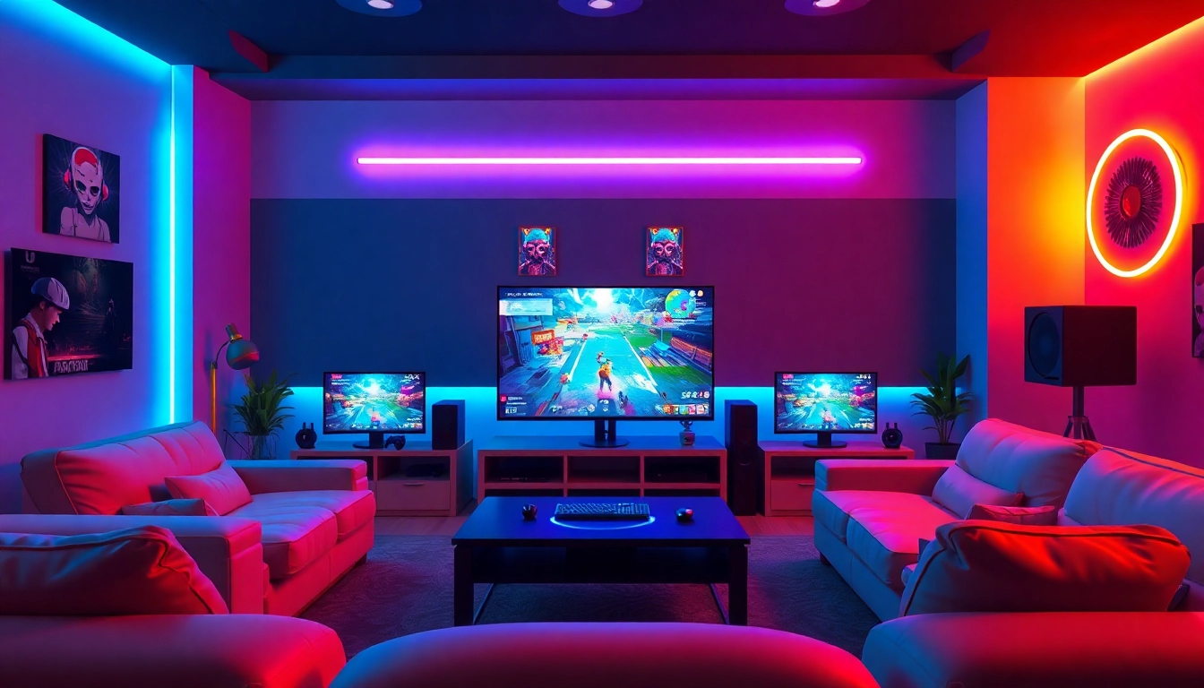 เล่น mega game ภายในห้องนั่งเล่นที่มีความทันสมัยและมีสีสันสดใส