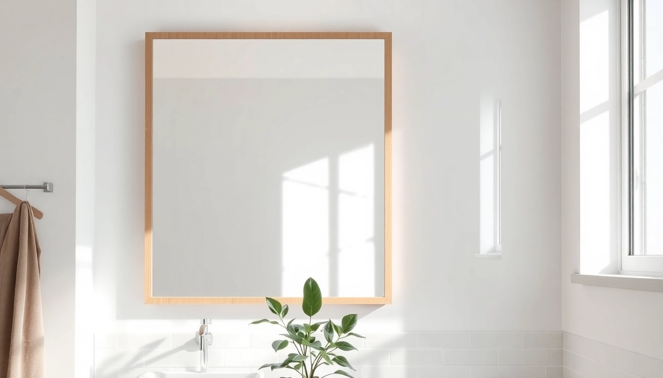Elegant bathroom mirror with LED lights in a serene bathroom setting.