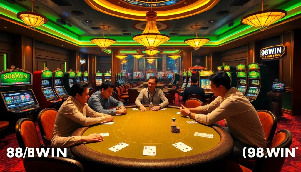 Players strategize at a poker table in a vibrant 98WIN casino, showcasing high-stakes excitement.