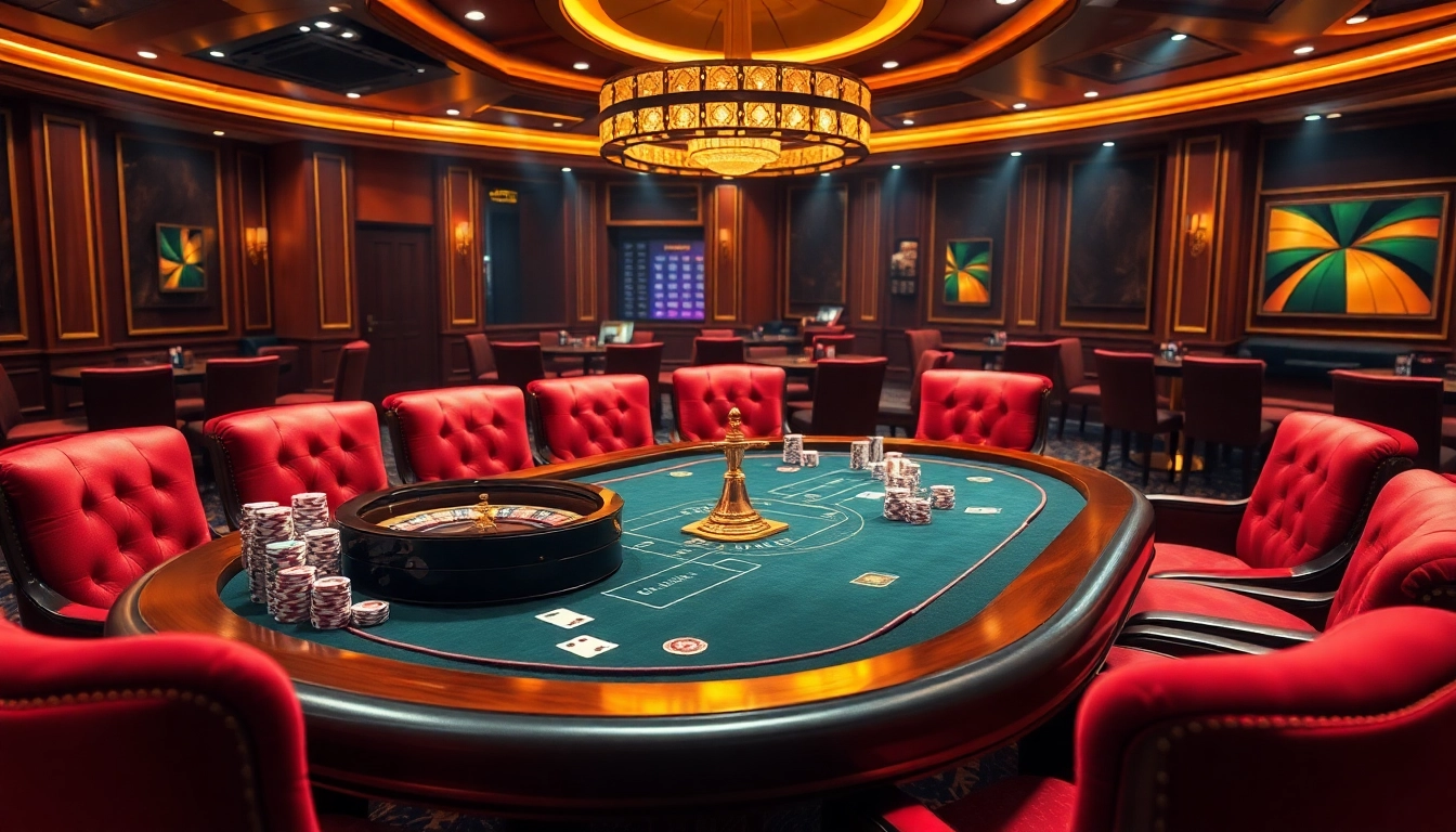 IWIN68 casino scene with a luxurious gaming table, colorful poker chips, and a roulette wheel.