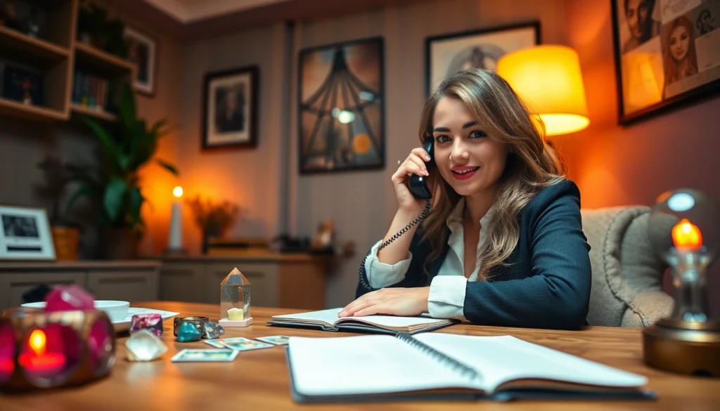 居心地のよいオフィスで、タロットカードと水晶を用いた電話占い 当たるの専門的な鑑定を体験できる様子。