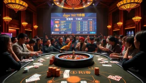Experience daga trực tiếp at a luxurious casino scene with betting tables, excited gamblers, and digital scoreboards.