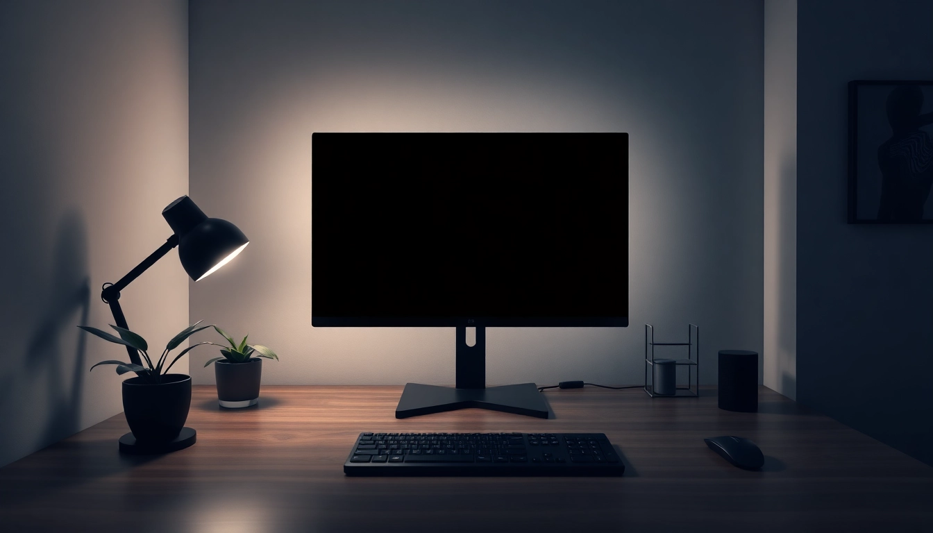 Pantalla negra displayed on a sleek computer monitor in a serene workspace promoting minimalism and focus.