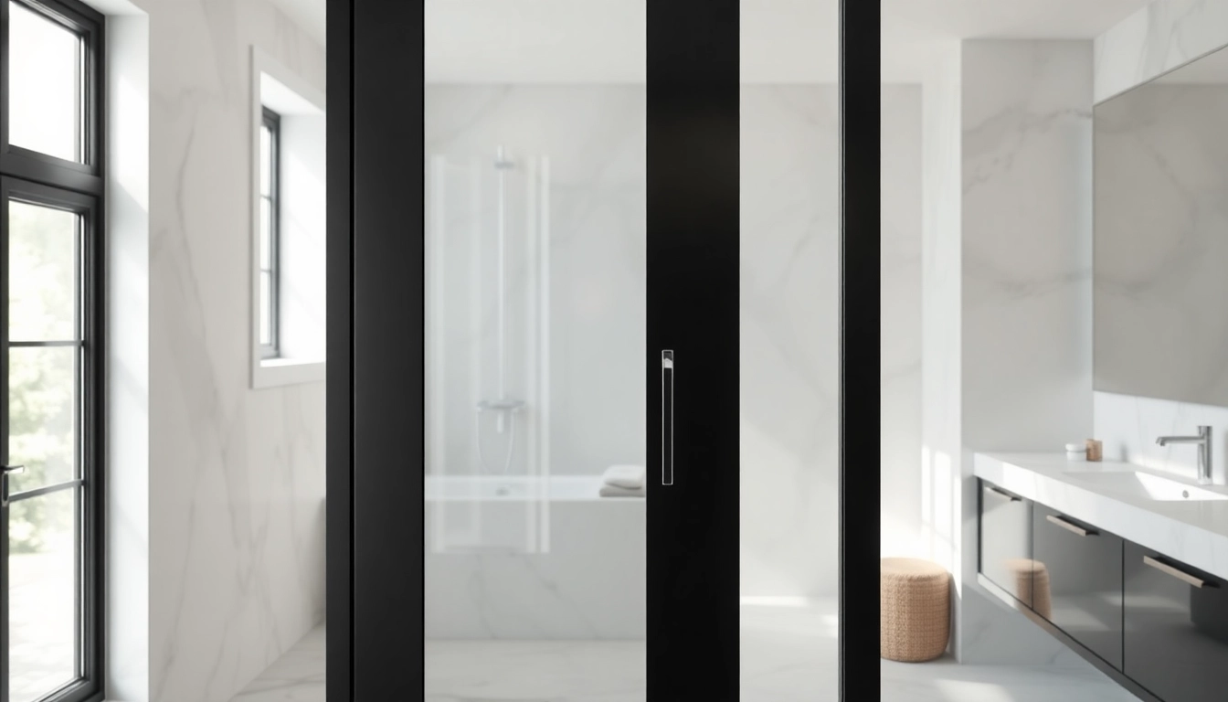 Enhance your bathroom with a modern black shower sliding door, showcasing elegance and style.