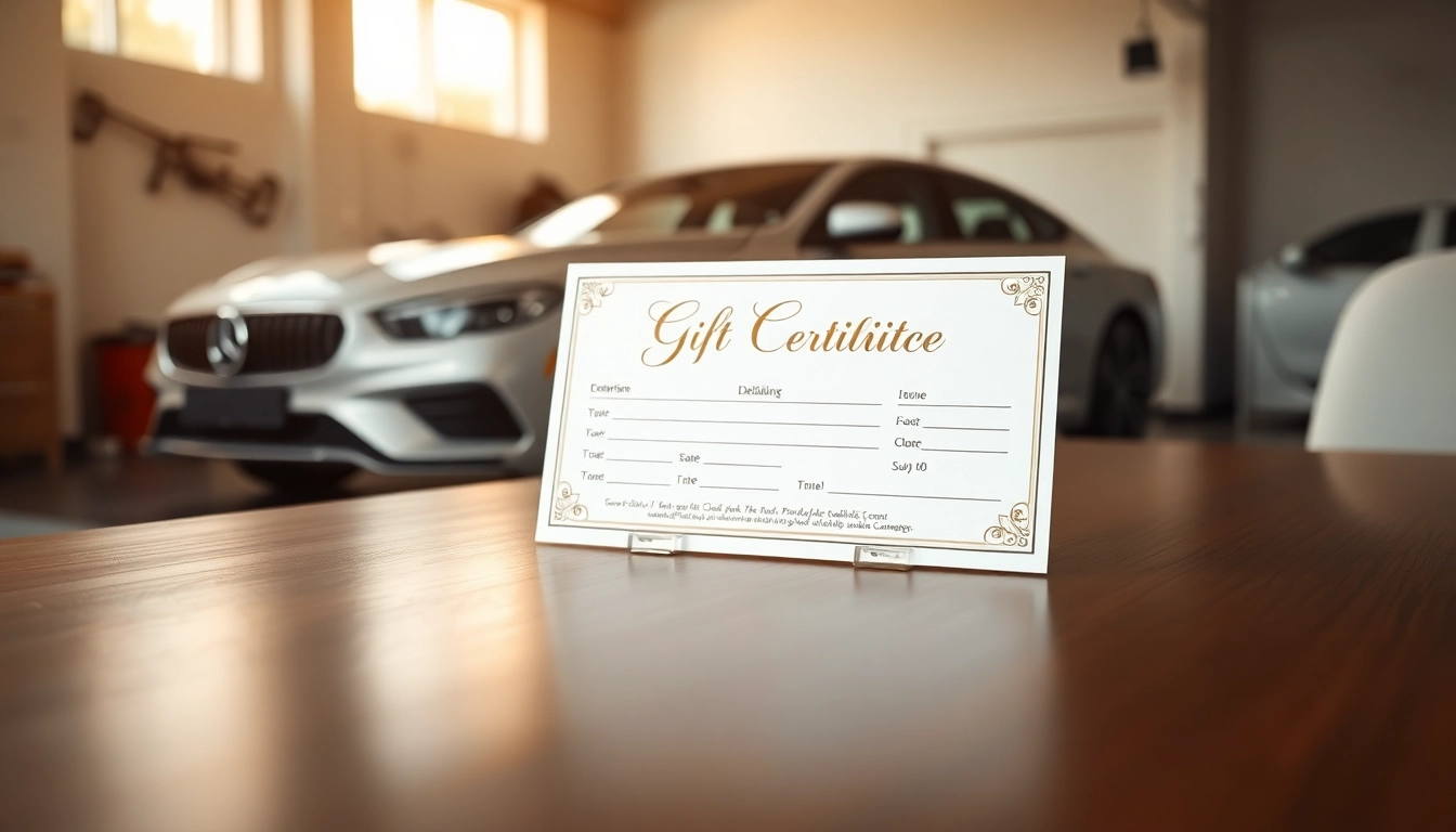 Present a car detailing gift certificate elegantly set on a stylish table in a modern garage.