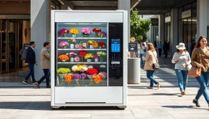 Fresh flower vending machine offering a variety of blooms in an urban setting, highlighting innovation and convenience.