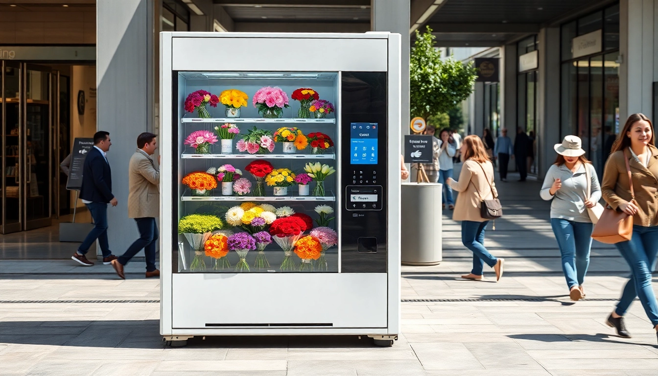 Fresh flower vending machine offering a variety of blooms in an urban setting, highlighting innovation and convenience.