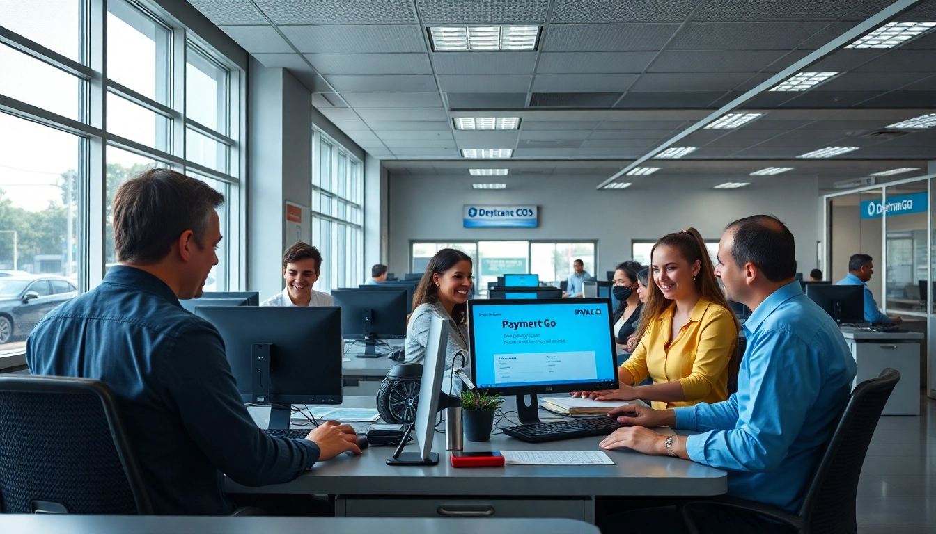 Detran GO staff assisting customers with IPVA payments in a professional office setting.