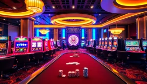 SODO casino scene showcasing vibrant poker tables, roulette wheel, and slot machines in an exhilarating atmosphere.