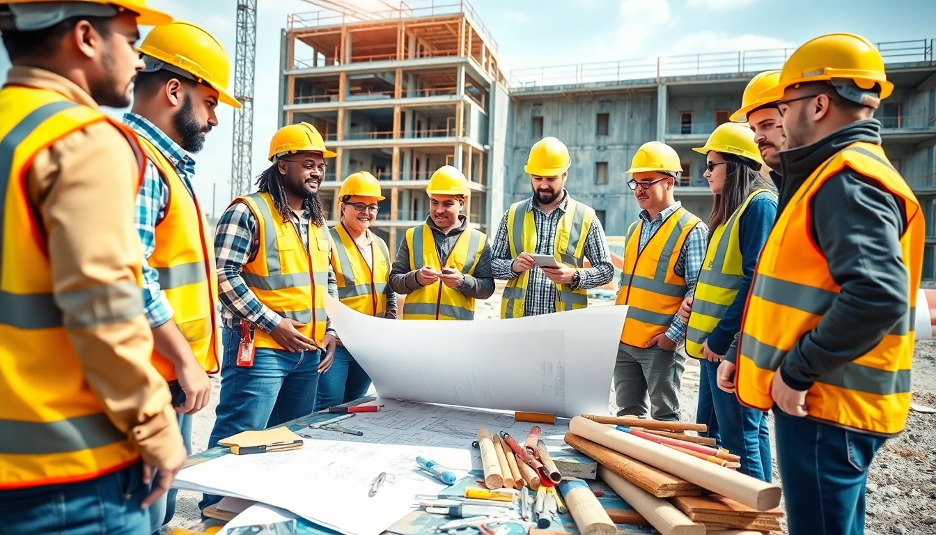 Engaged professionals discussing Careers in construction at a job site with blueprints.