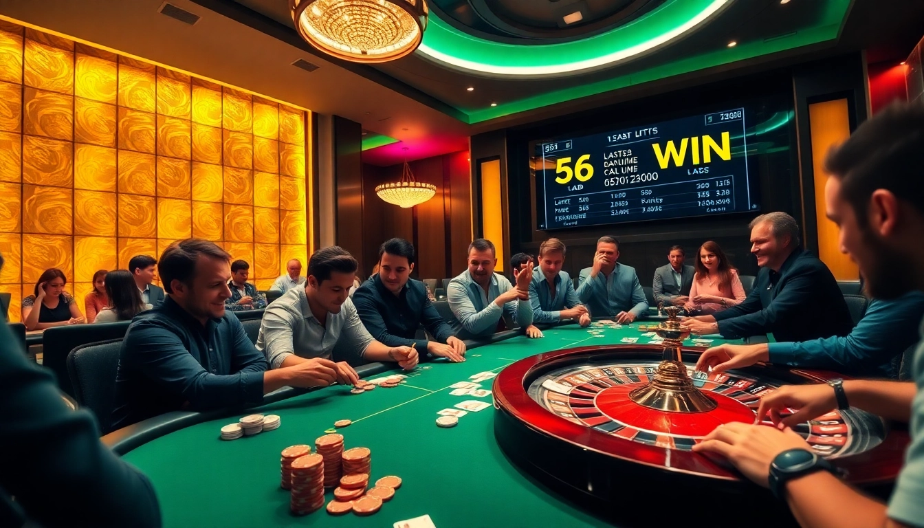 Gambling excitement at a poker table featuring 56 WIN chips, cards, and vibrant casino ambiance.