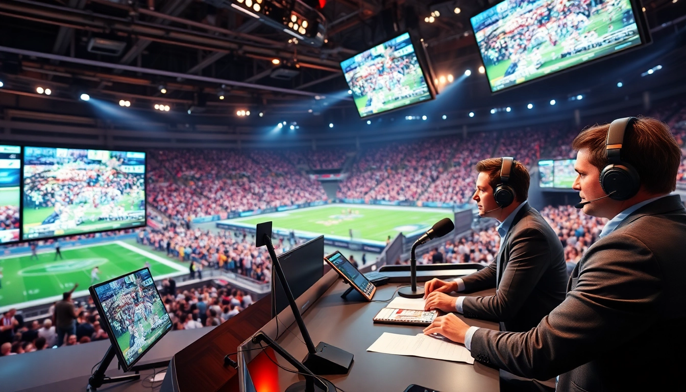 Engaging sports broadcasting scene capturing live talent presenting in a dynamic studio.