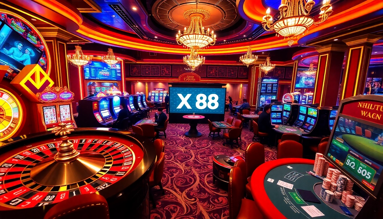 Experience the thrill of X 88 gaming at a luxurious casino with vibrant slot machines and roulette.