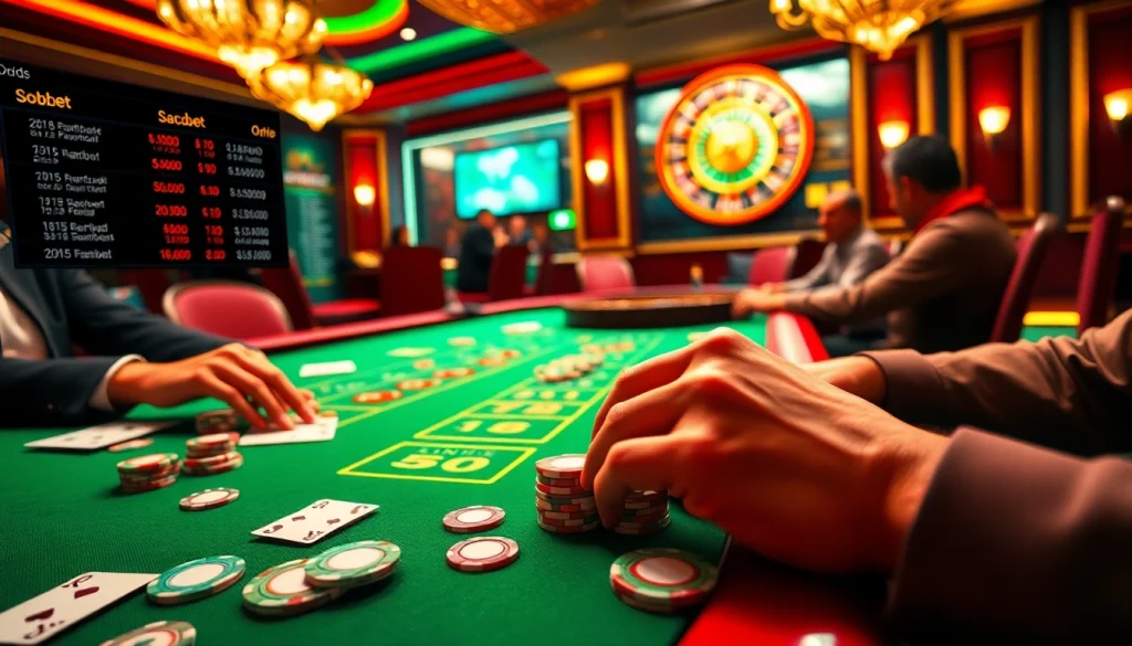 Experience thrilling sbobet action at a glamorous casino with vibrant baccarat and poker elements.