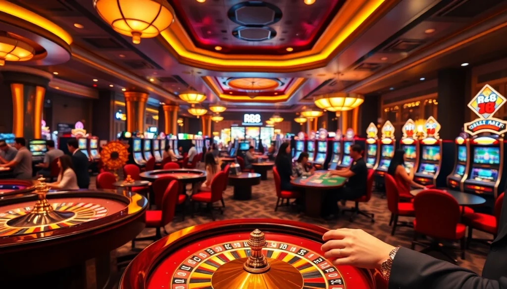 Exciting gameplay at RR88 casino with vibrant poker tables and slot machines.