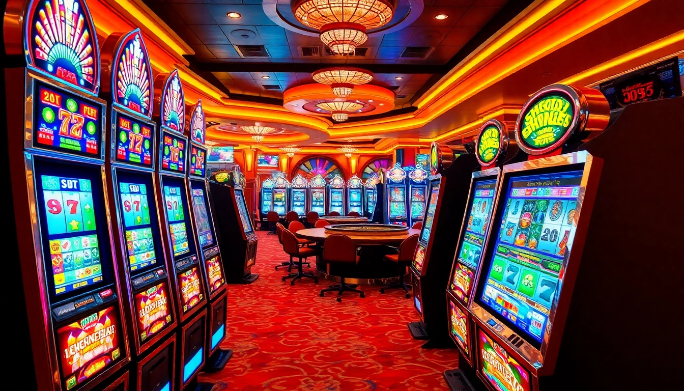 Excited players spinning slot machines in a vibrant casino environment full of lights and luxurious decor.