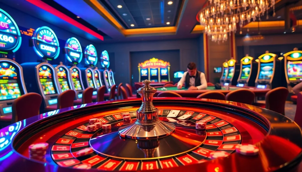 Players enjoy a thrilling round at the luxurious xx88 casino, showcasing roulette and poker excitement.